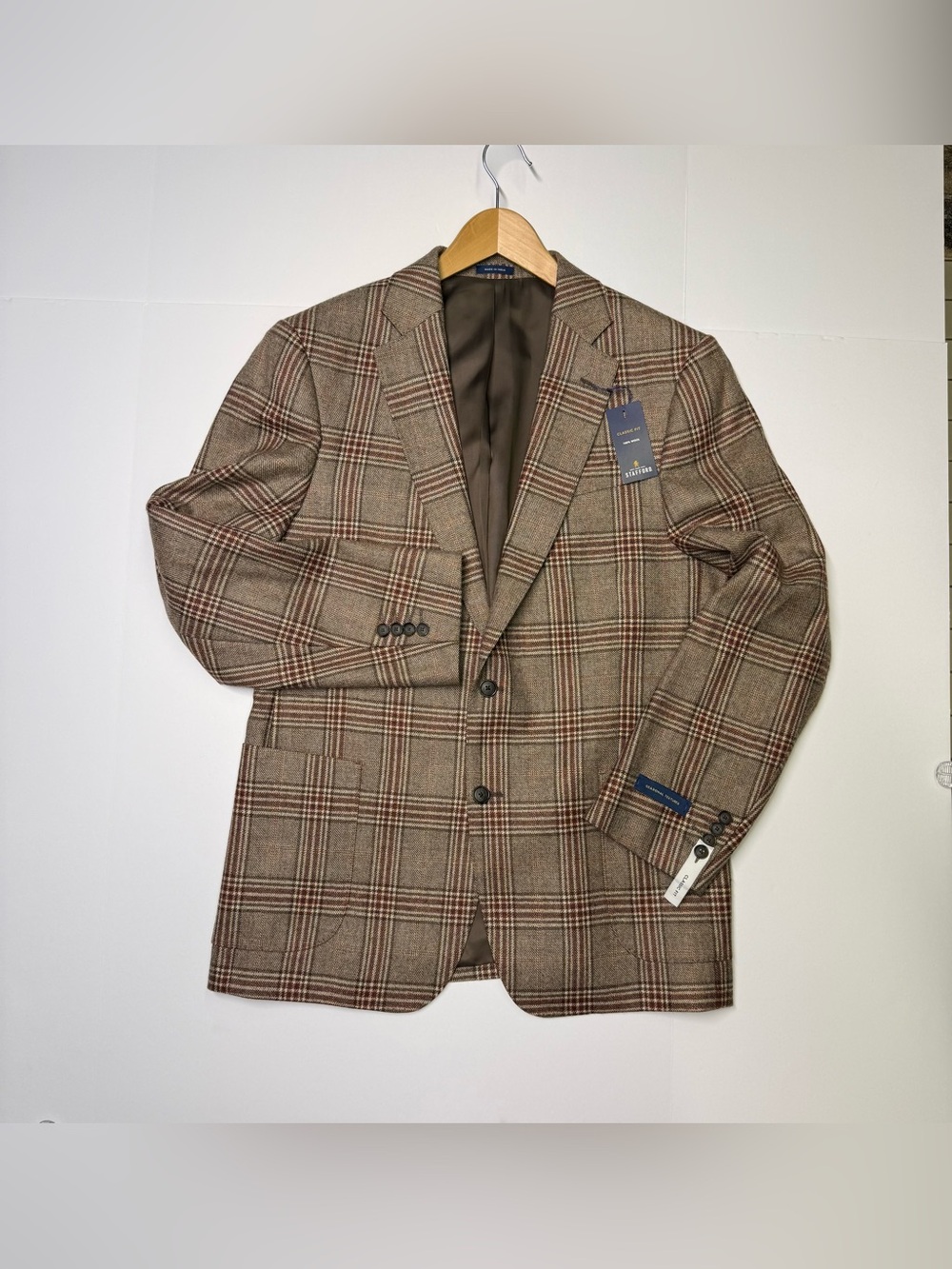 Stanford Men’s Blazer 100%wool  Size 42 RG Tan Rust Plaid Classic Fit NWT